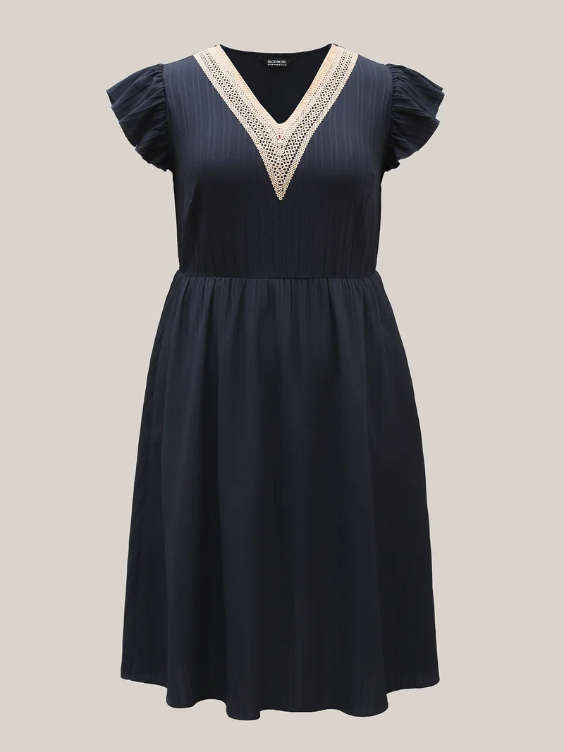 Textured Lace Neckline Ruffled Sleeve Dress