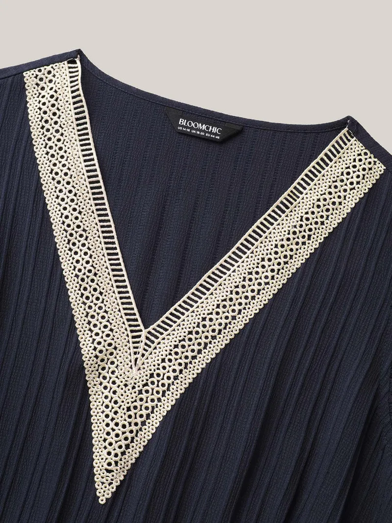 Textured Lace Neckline Ruffled Sleeve Dress