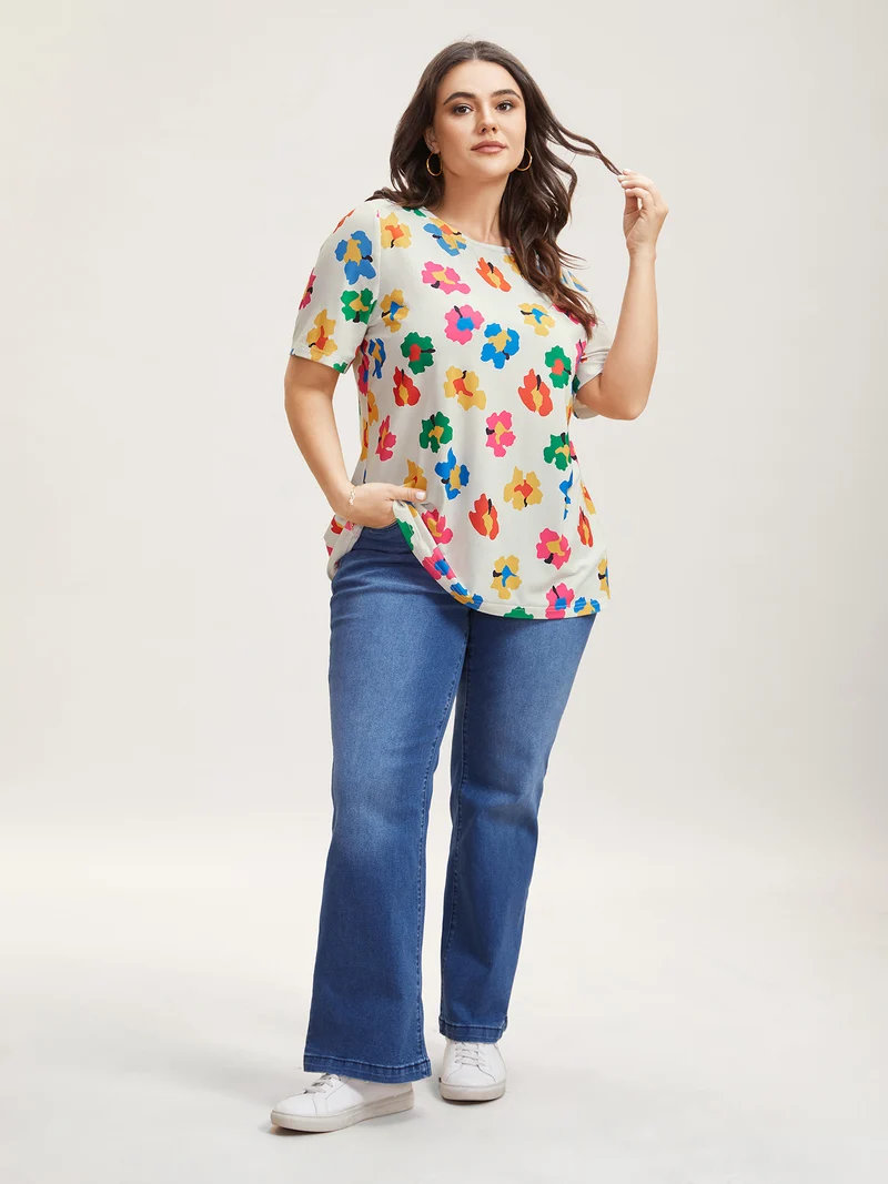 Multi-Color Floral Print Fitted T-Shirt