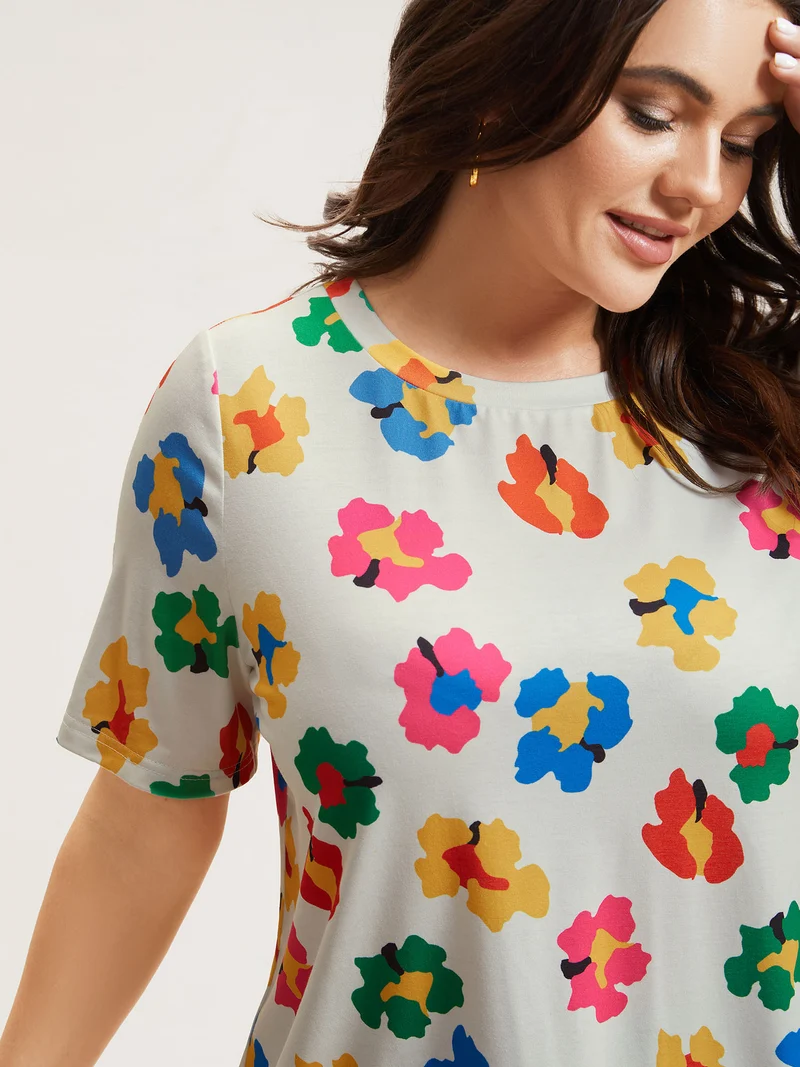 Multi-Color Floral Print Fitted T-Shirt
