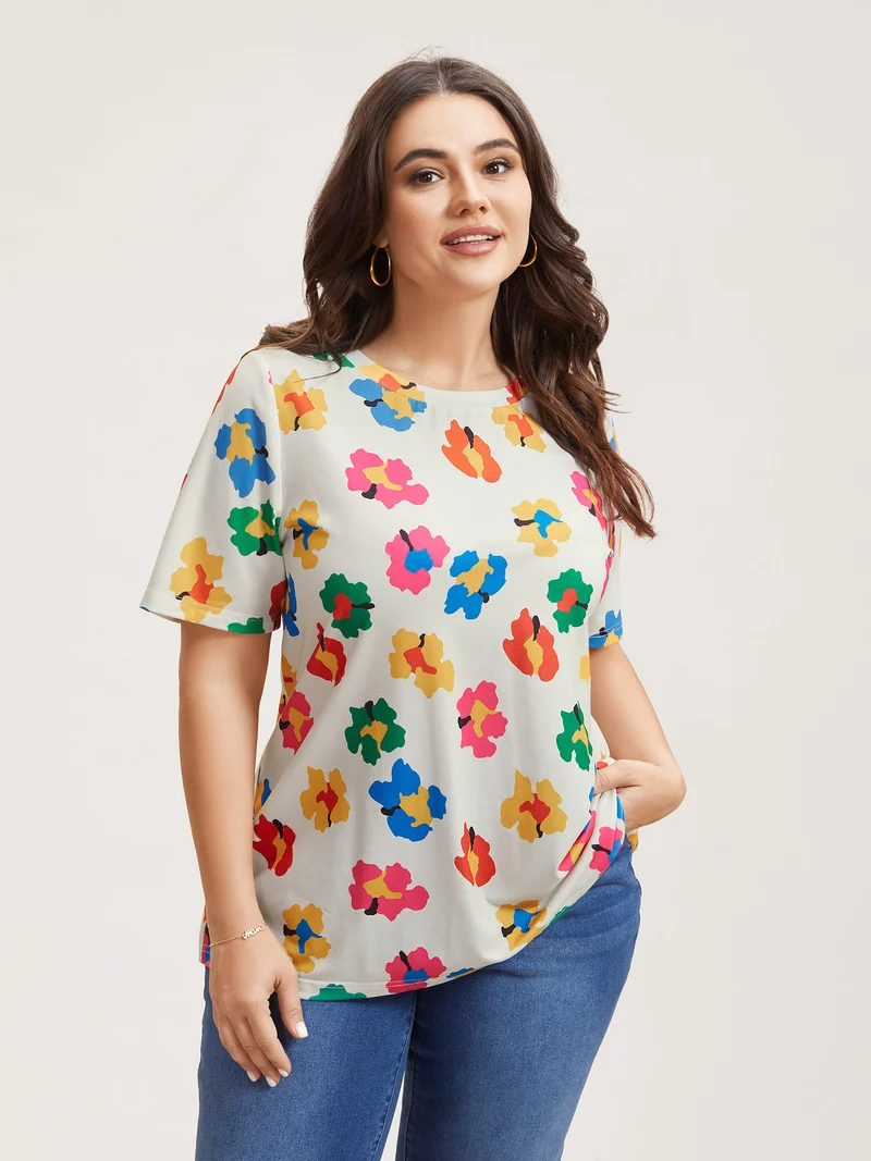 Multi-Color Floral Print Fitted T-Shirt