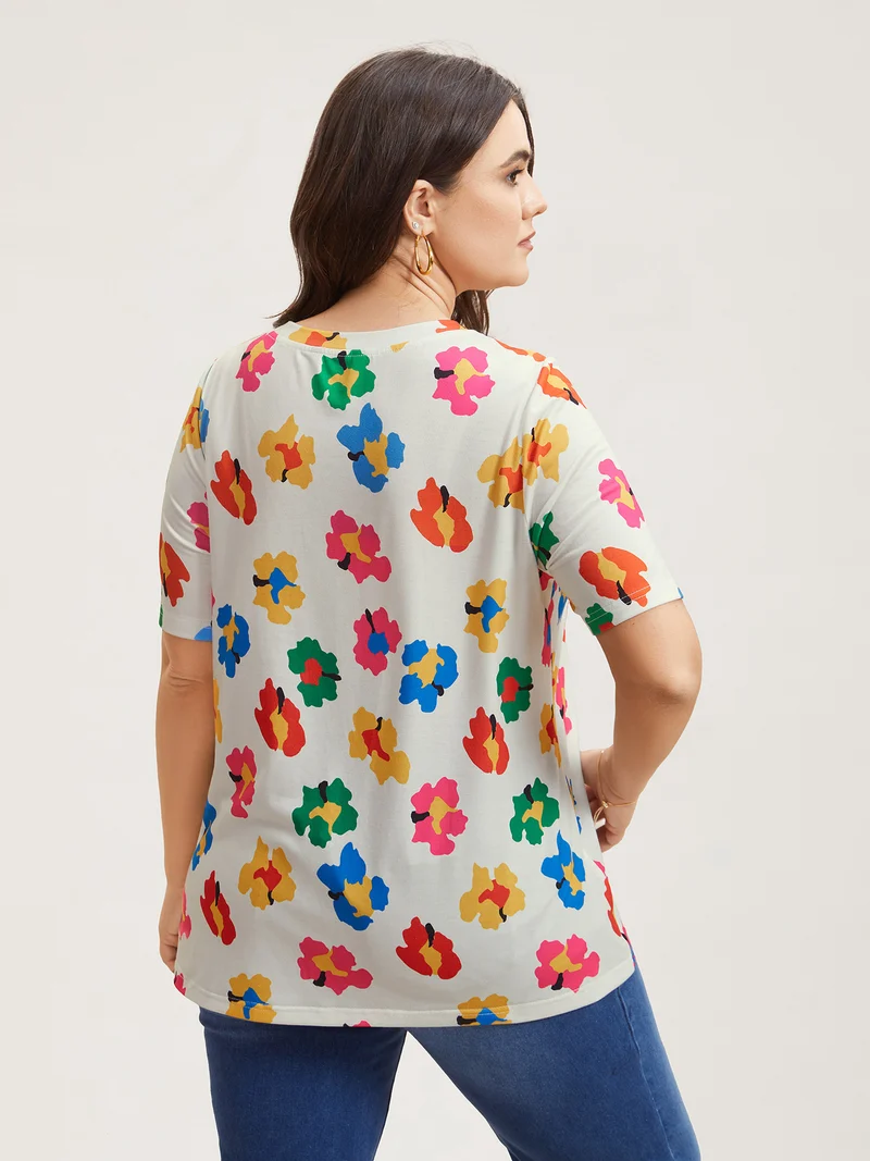 Multi-Color Floral Print Fitted T-Shirt