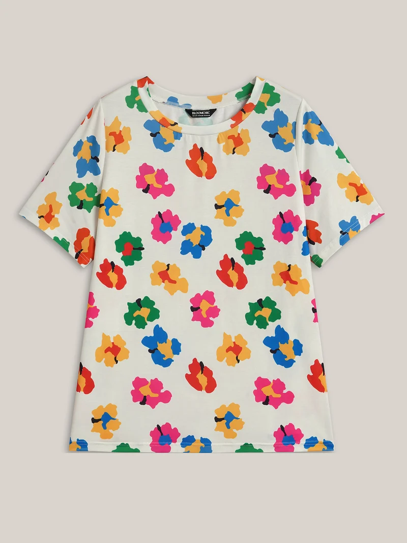 Multi-Color Floral Print Fitted T-Shirt