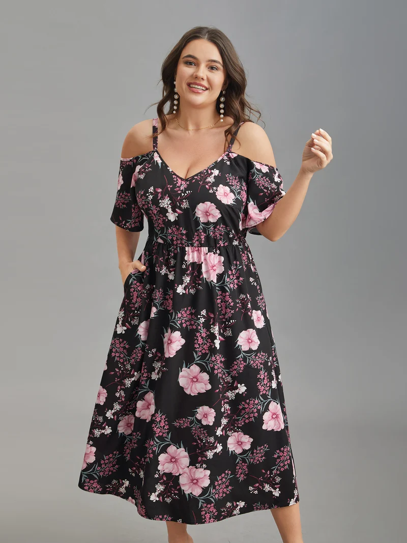 Floral Print Cold-Shoulder Pockets Midi Dress