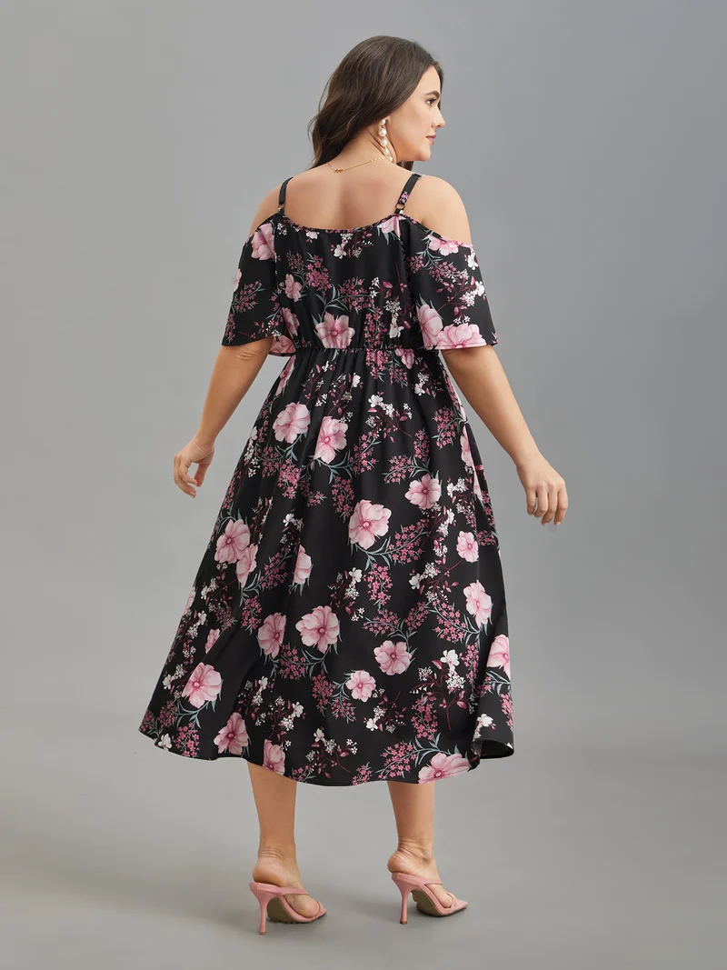 Floral Print Cold-Shoulder Pockets Midi Dress