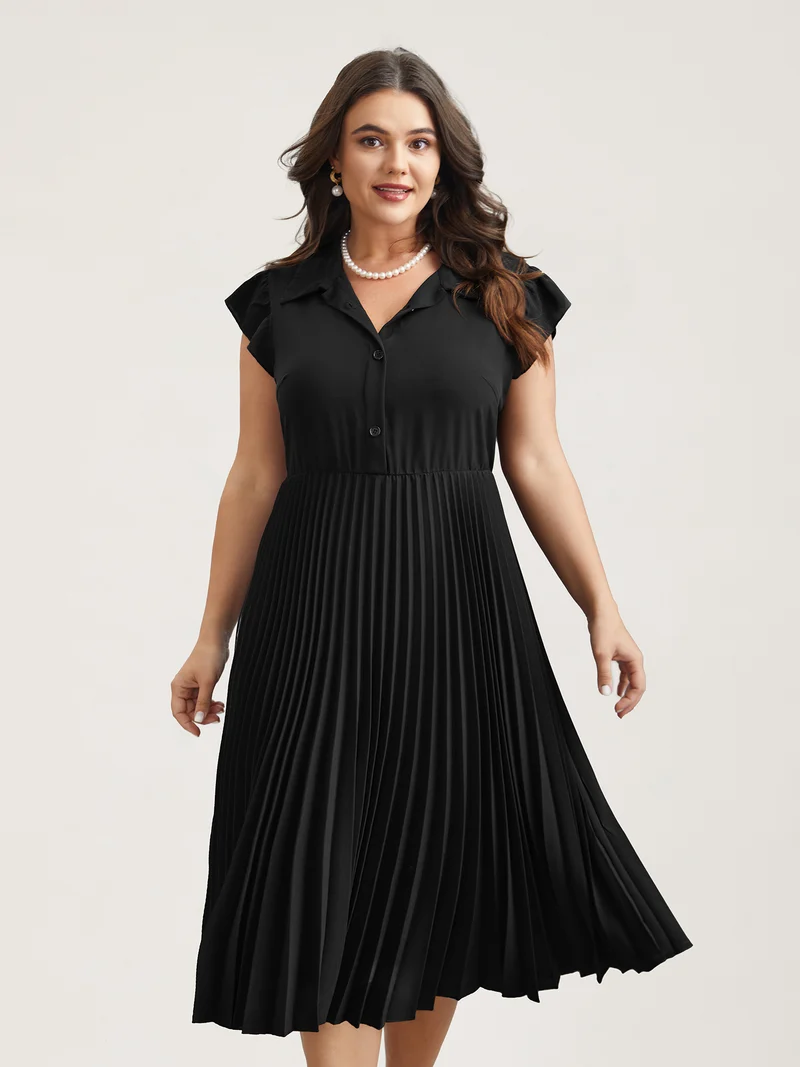 Pleated Shirt Collar Solid Midi Dress