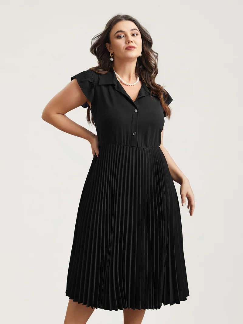 Pleated Shirt Collar Solid Midi Dress