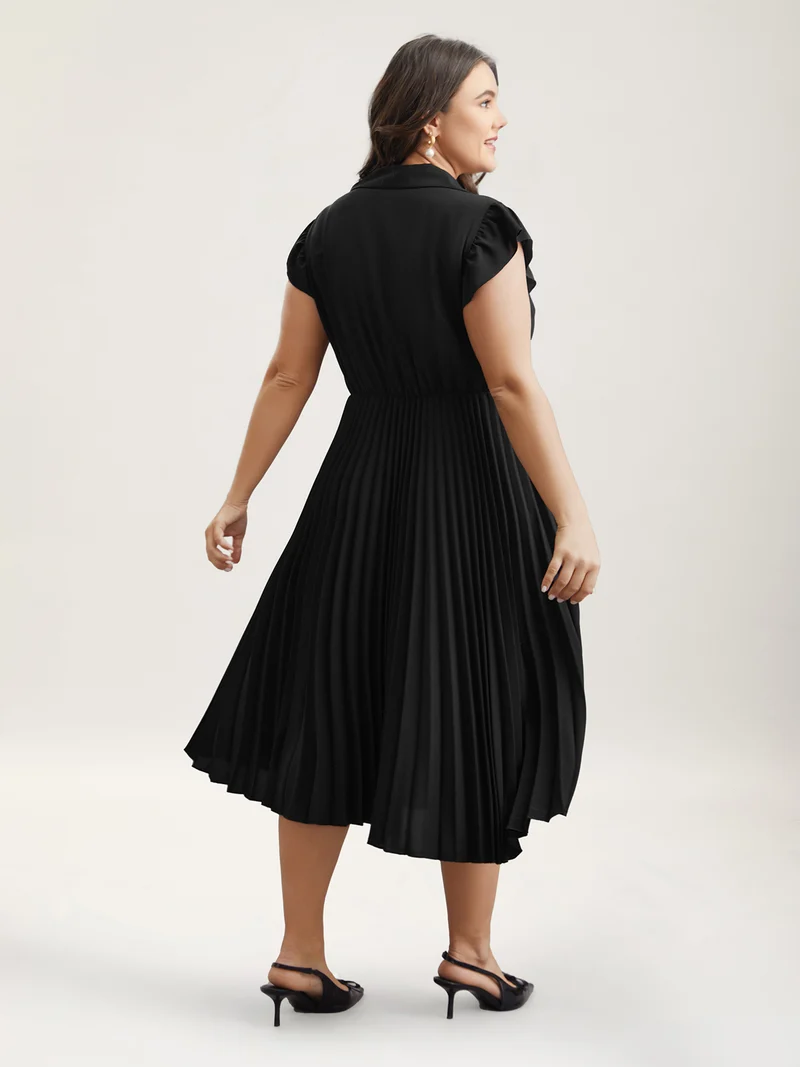 Pleated Shirt Collar Solid Midi Dress