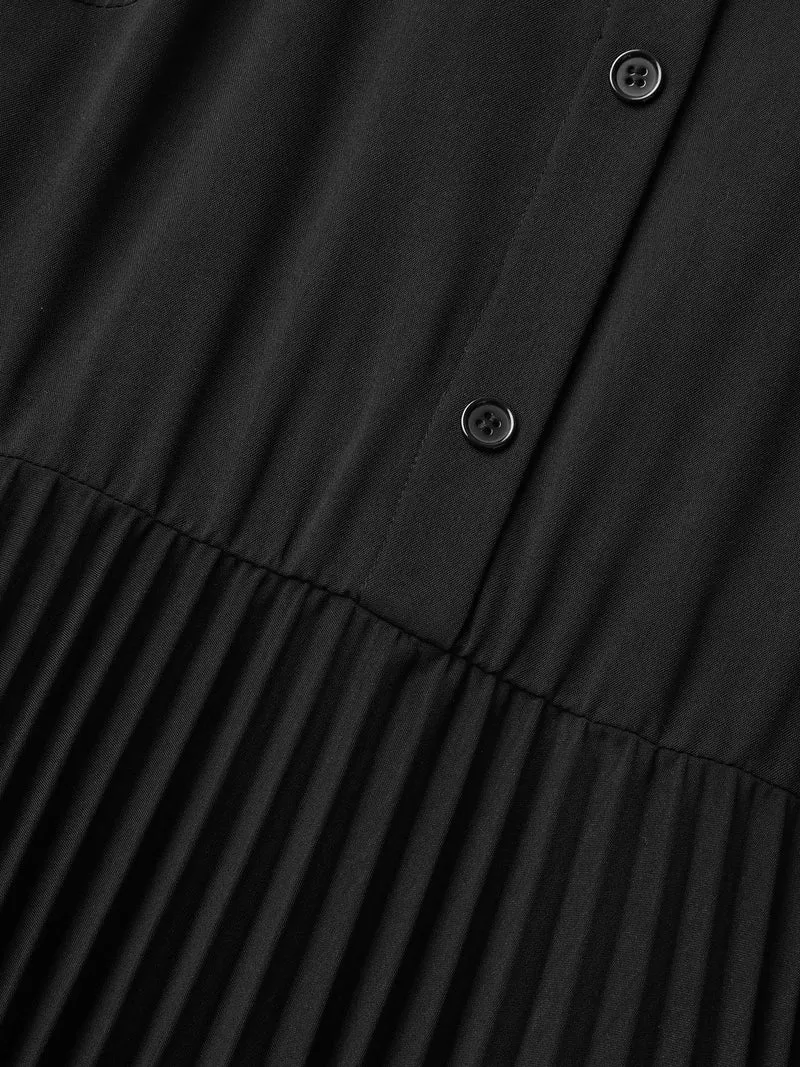 Pleated Shirt Collar Solid Midi Dress