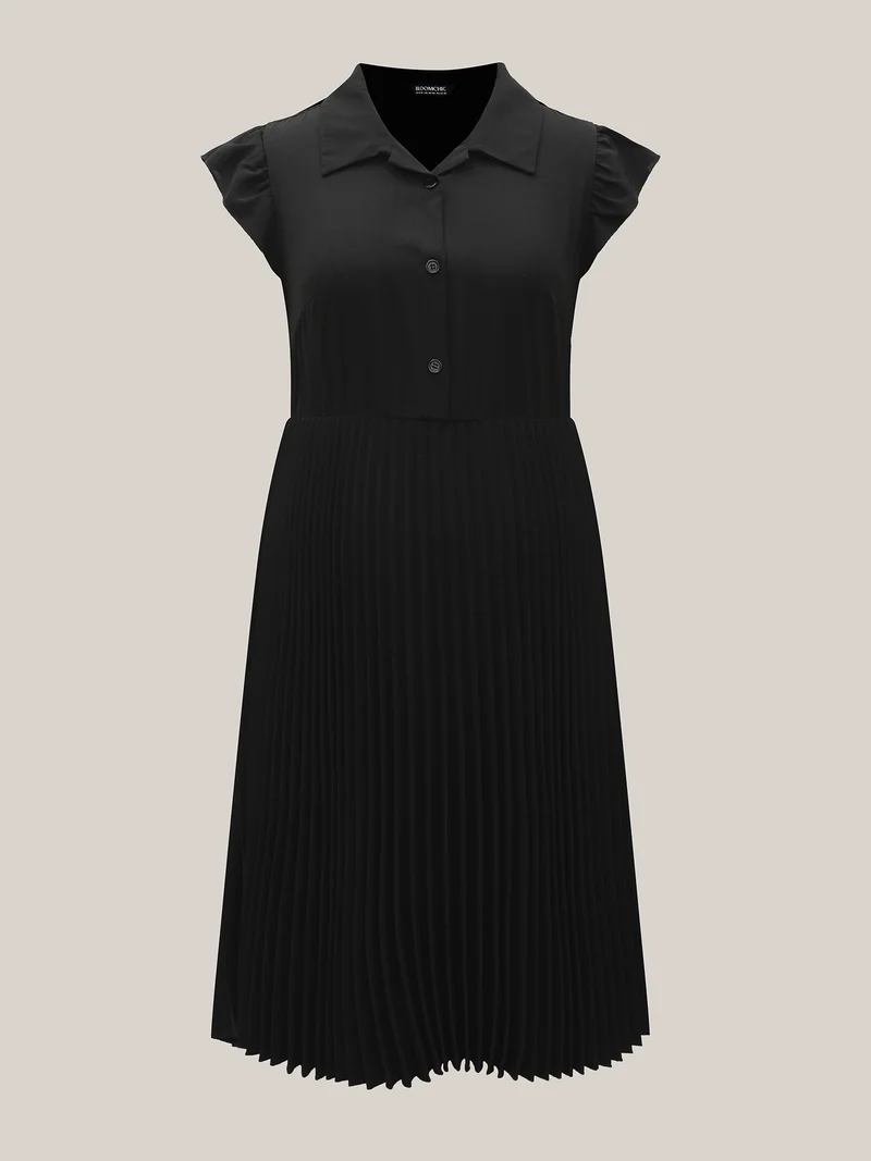 Pleated Shirt Collar Solid Midi Dress