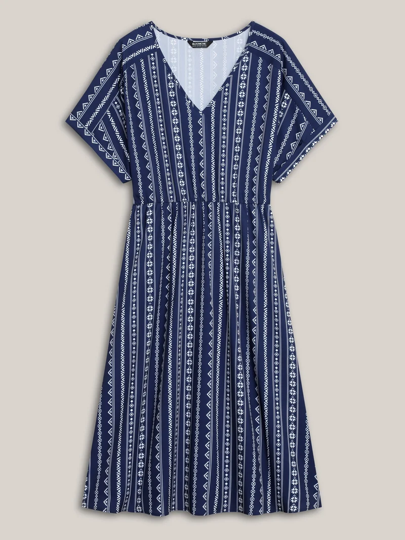 Striped Waist-Cinched Dolman Sleeve Midi Dress
