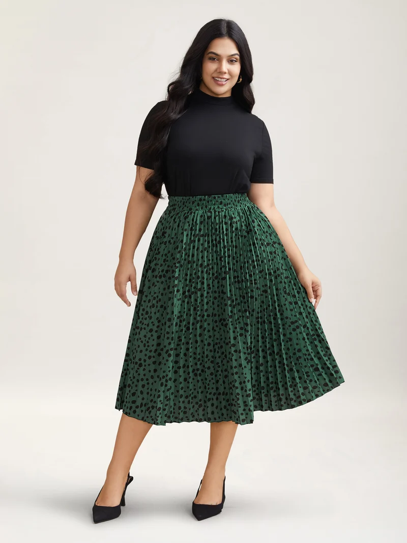 Dot Print Pleated Midi Skirt