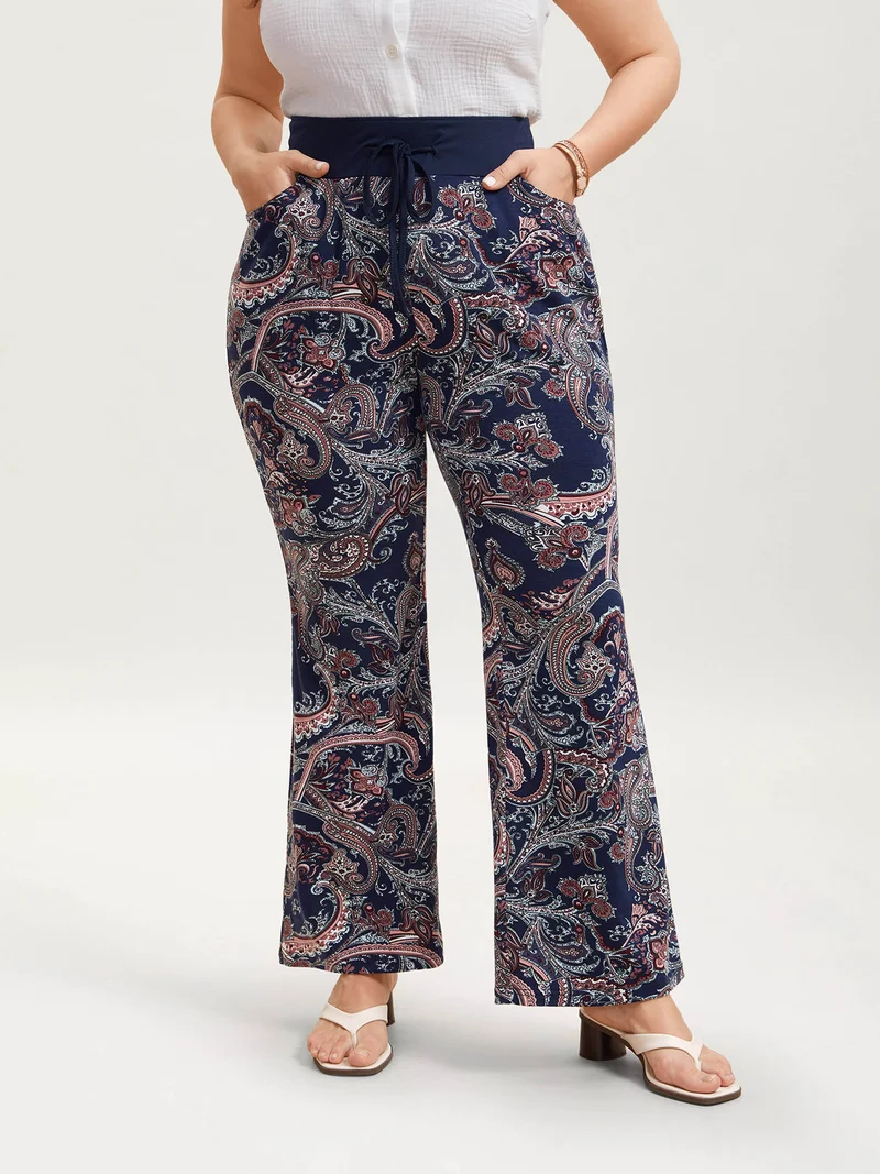 Color Block Paisley Print Drawstring Pants