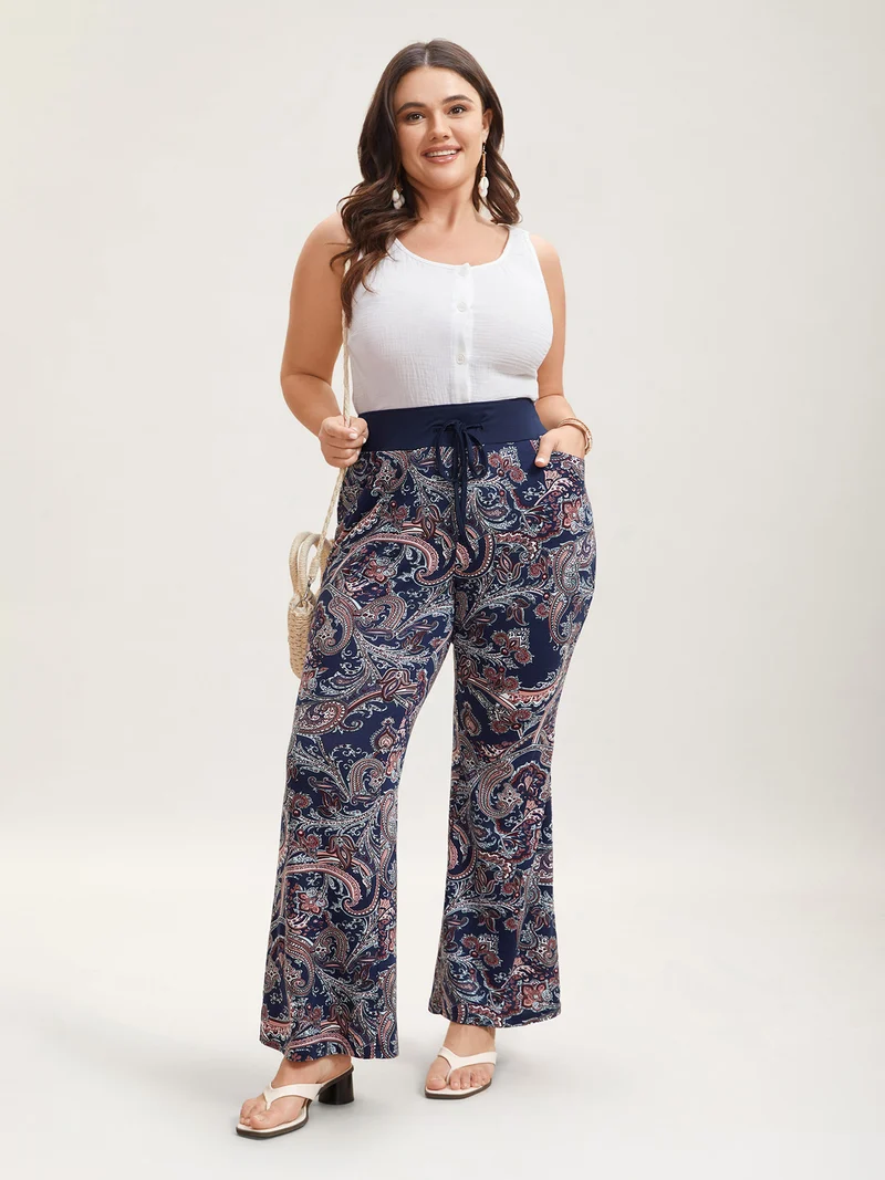 Color Block Paisley Print Drawstring Pants