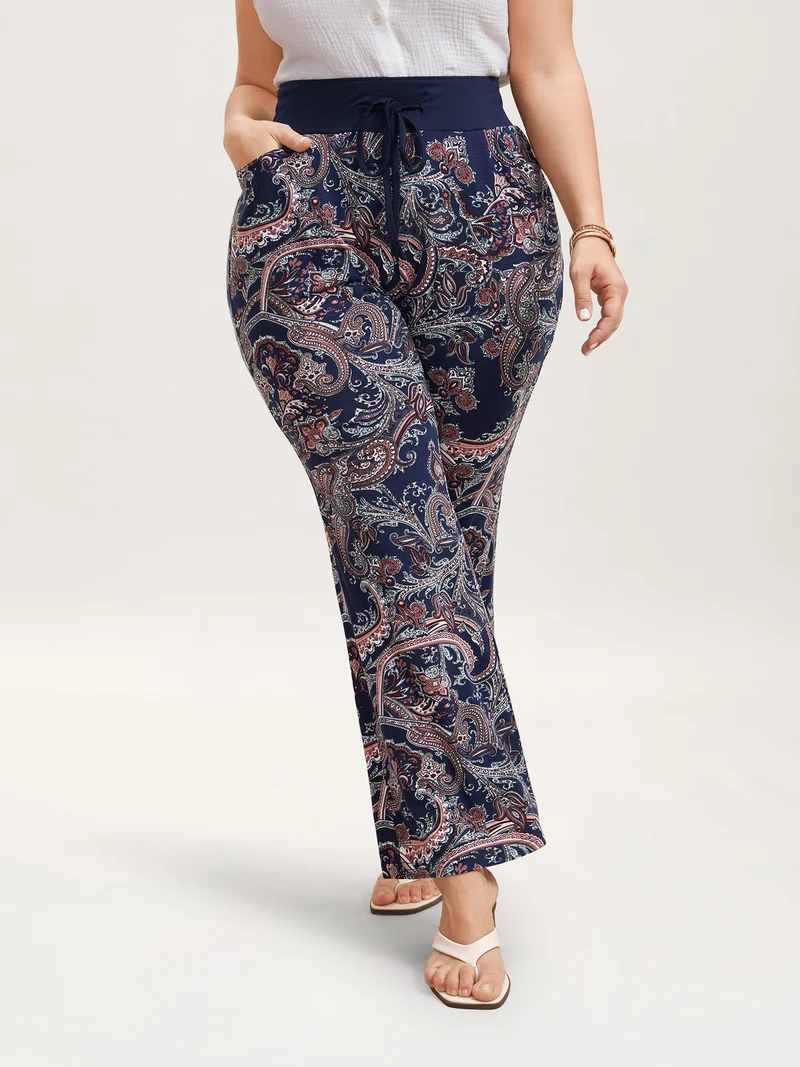 Color Block Paisley Print Drawstring Pants