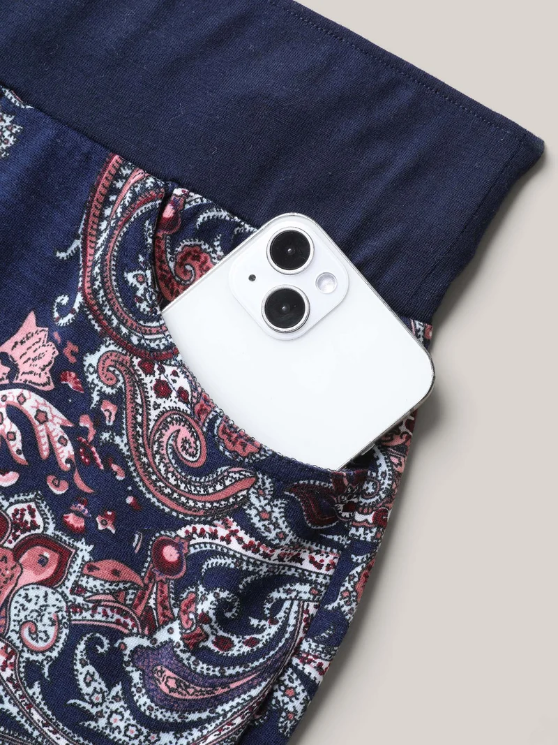 Color Block Paisley Print Drawstring Pants