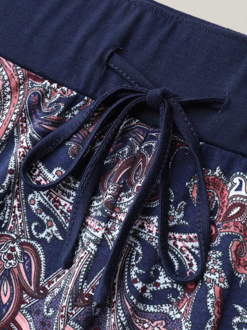 Color Block Paisley Print Drawstring Pants