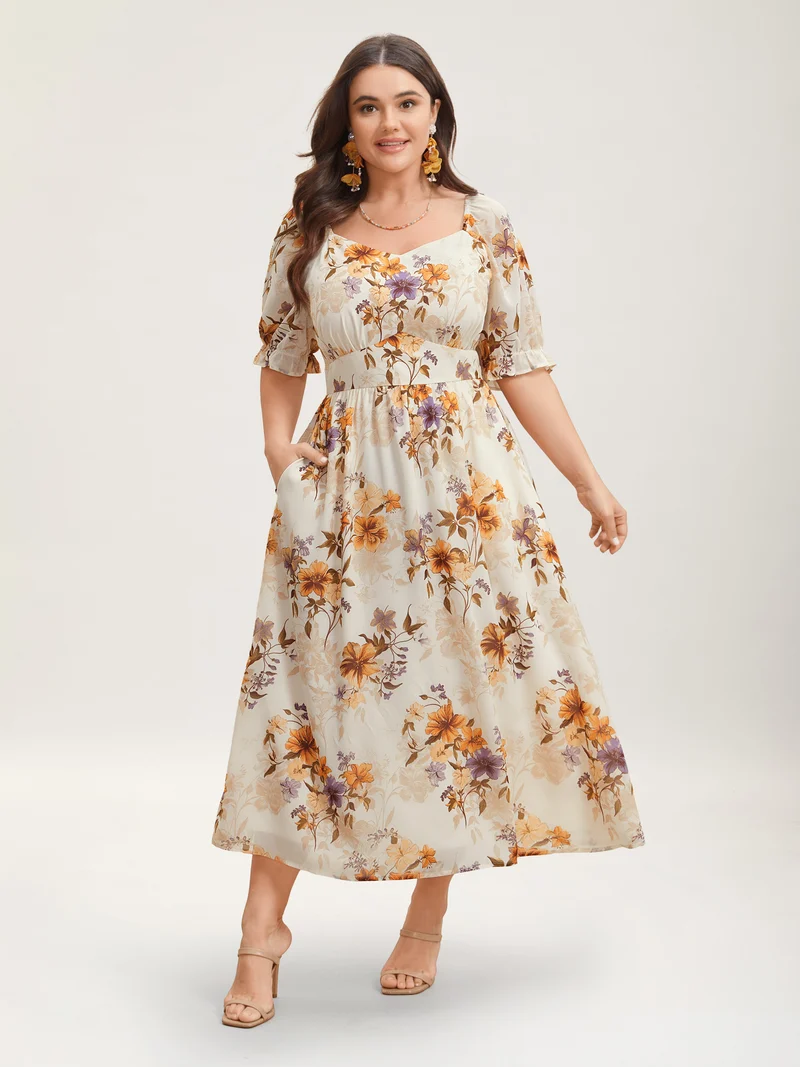 Chiffon Floral Waist-Cinched Maxi Dress