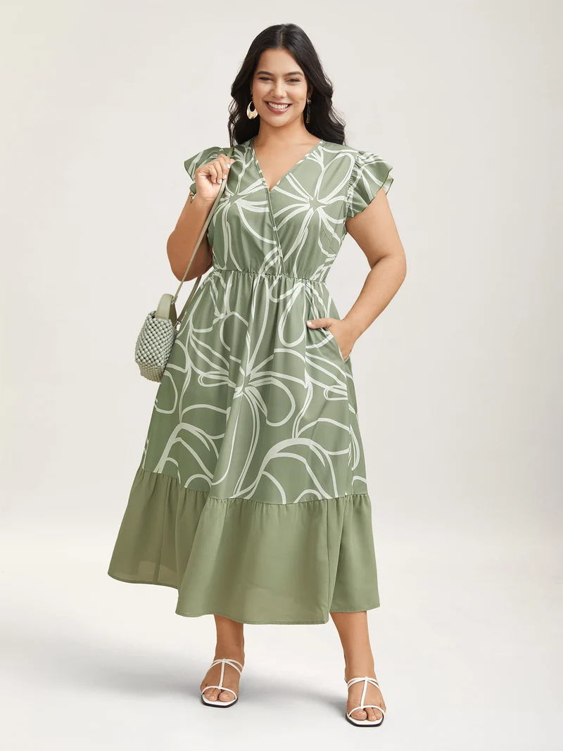 Abstract Floral Print Ruffled Sleeve Maxi Dress