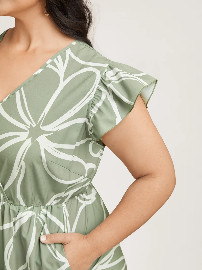 Abstract Floral Print Ruffled Sleeve Maxi Dress