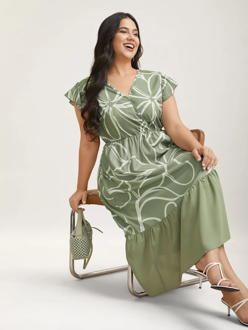 Abstract Floral Print Ruffled Sleeve Maxi Dress
