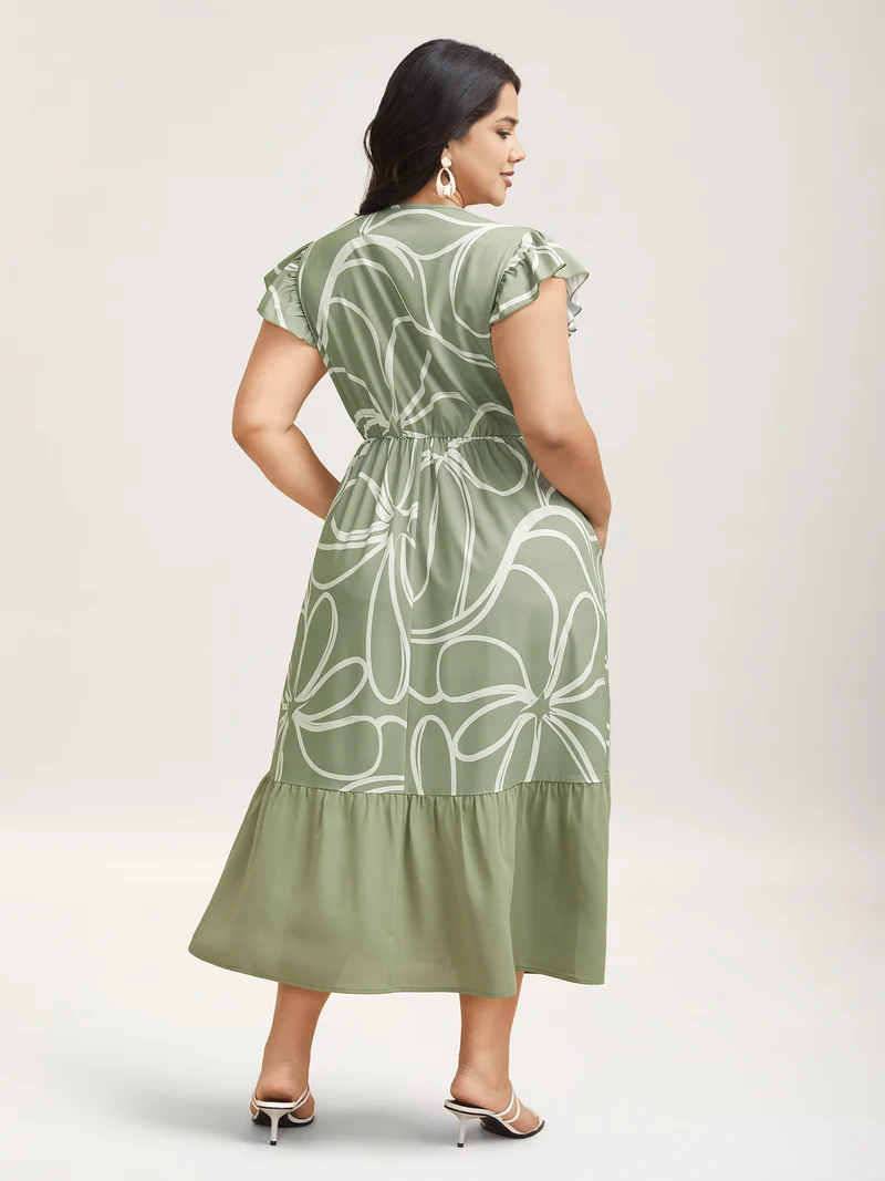 Abstract Floral Print Ruffled Sleeve Maxi Dress