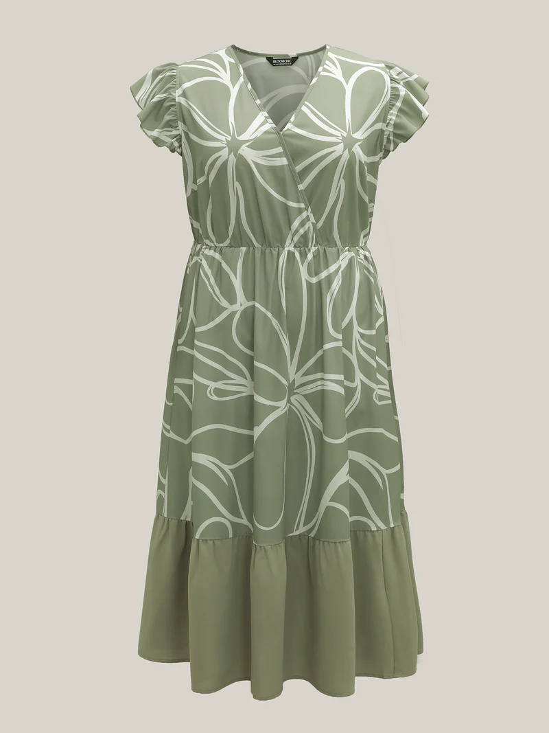 Abstract Floral Print Ruffled Sleeve Maxi Dress