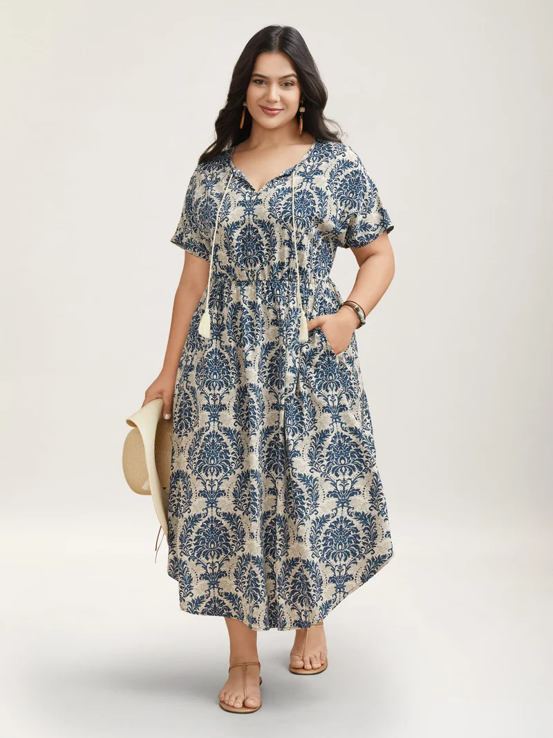 Ornate Print Curvy Hem Tied Maxi Dress
