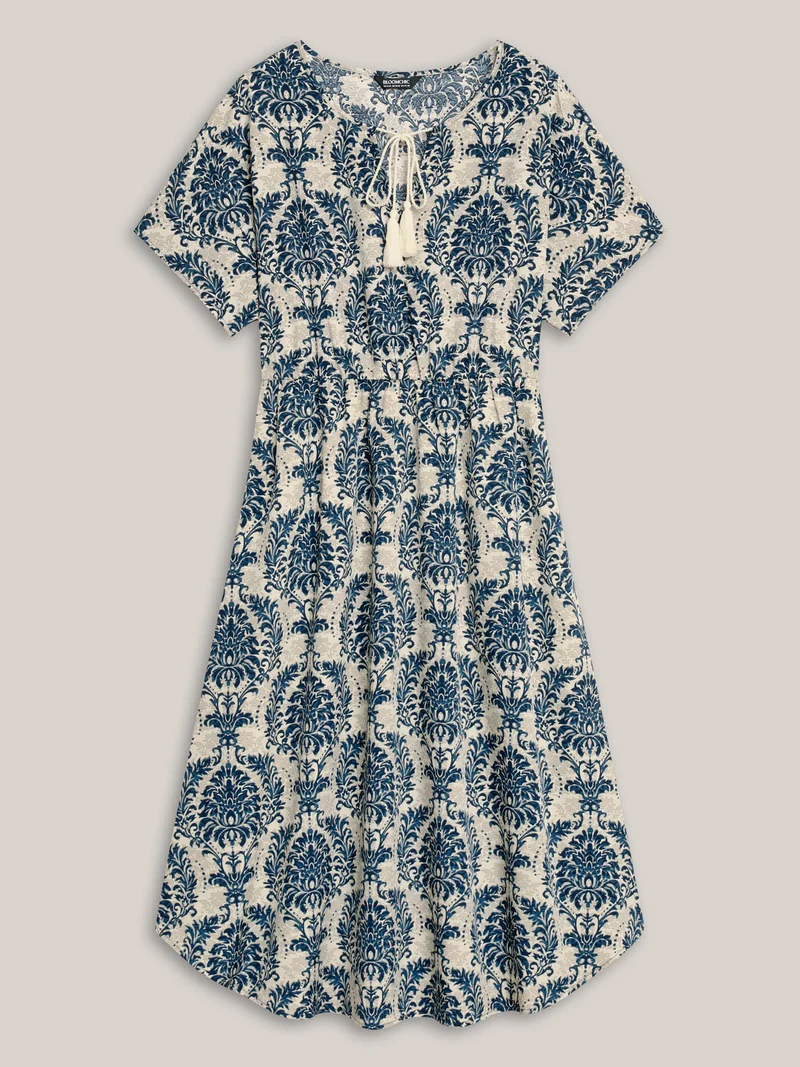 Ornate Print Curvy Hem Tied Maxi Dress