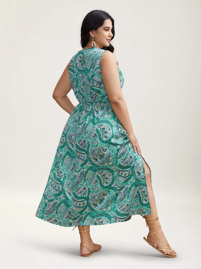 Paisley Print Off-Sleeve V-Neck Midi Dress