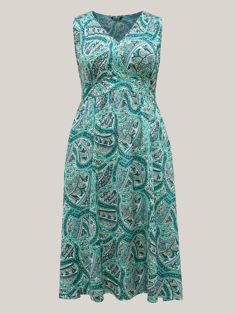 Paisley Print Off-Sleeve V-Neck Midi Dress