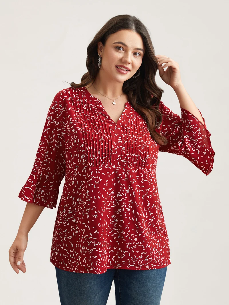 Toothpick Pleat Floral Notched Collar Shirt
