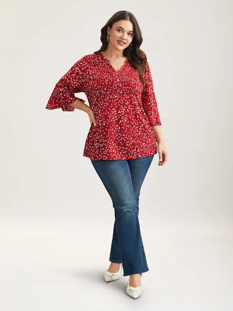 Toothpick Pleat Floral Notched Collar Shirt