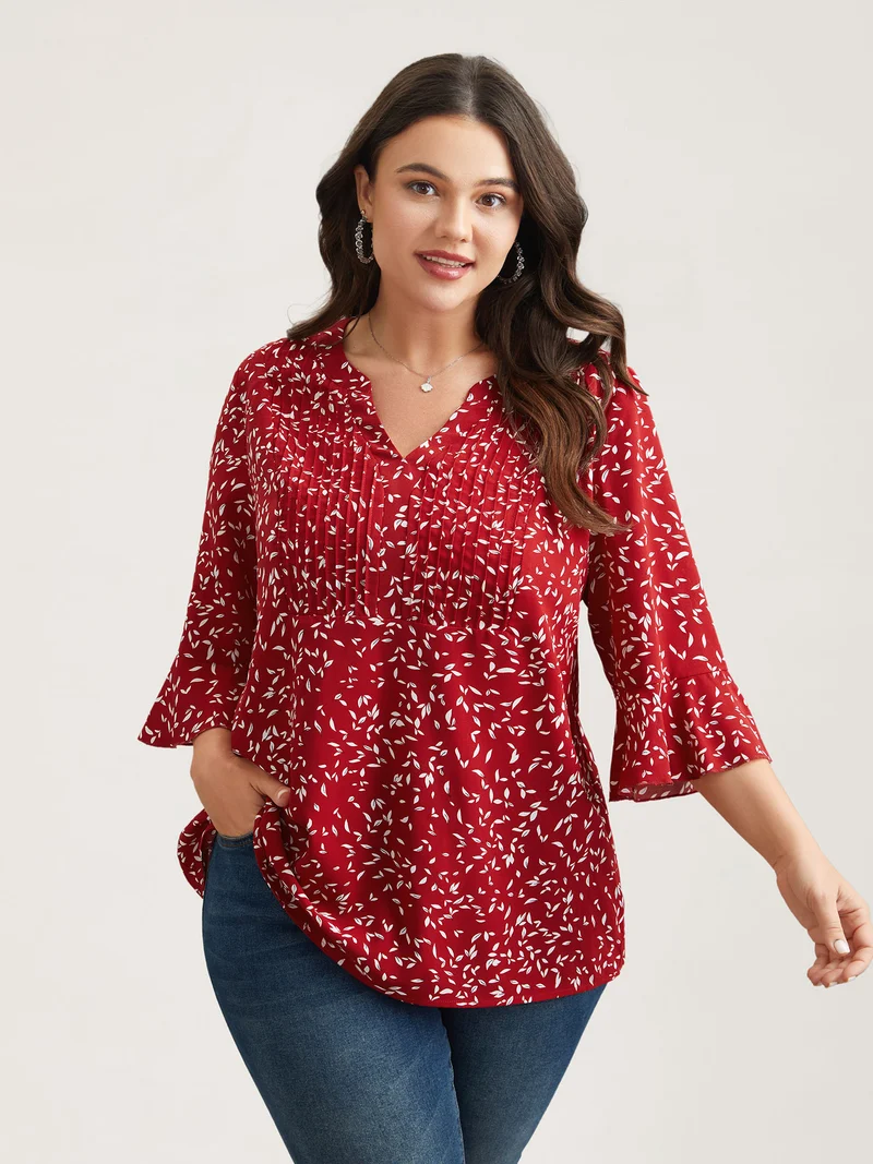 Toothpick Pleat Floral Notched Collar Shirt