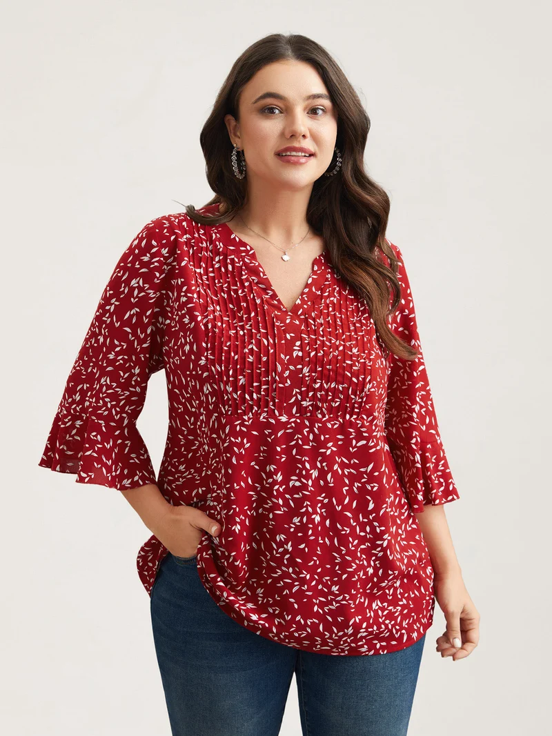 Toothpick Pleat Floral Notched Collar Shirt