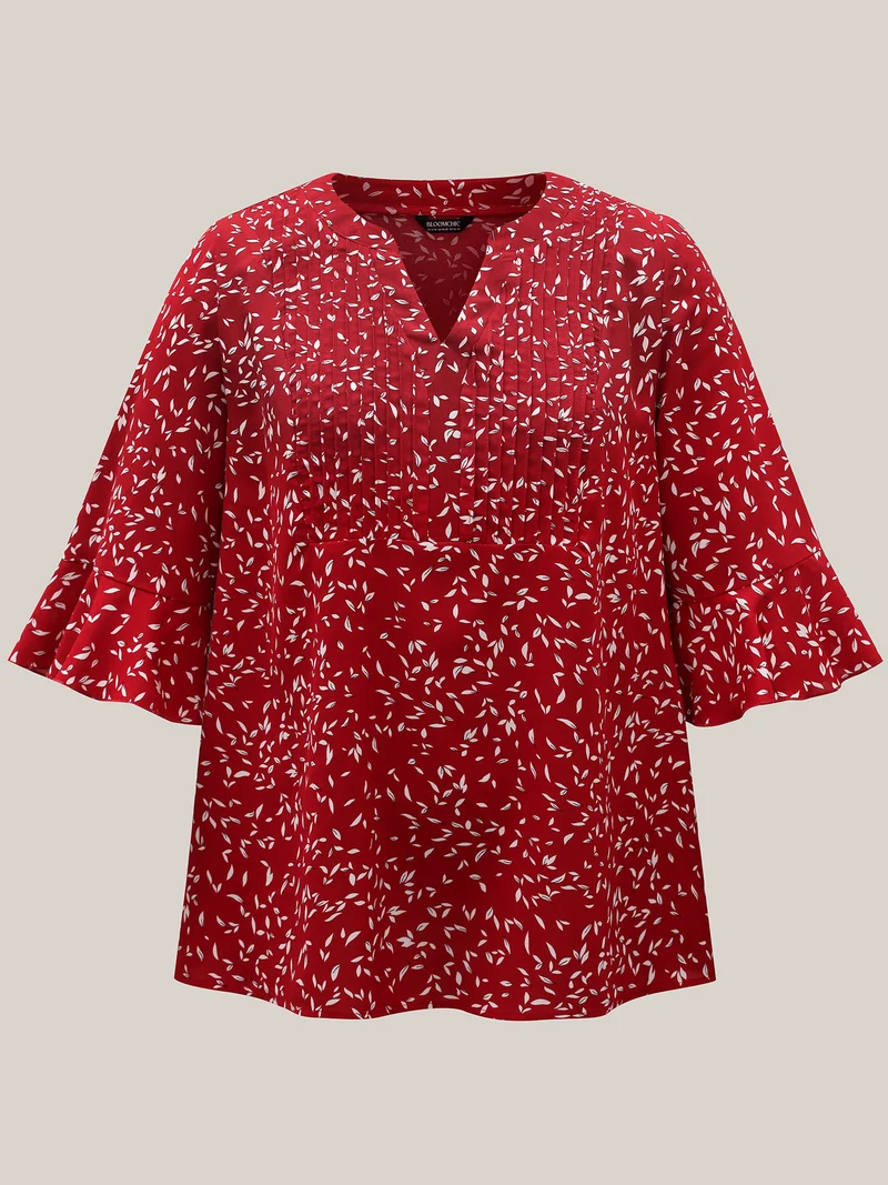 Toothpick Pleat Floral Notched Collar Shirt