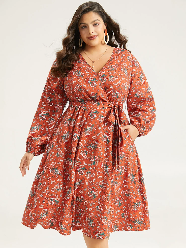 Floral Print Belted Elastic Cuffs Dress-YT