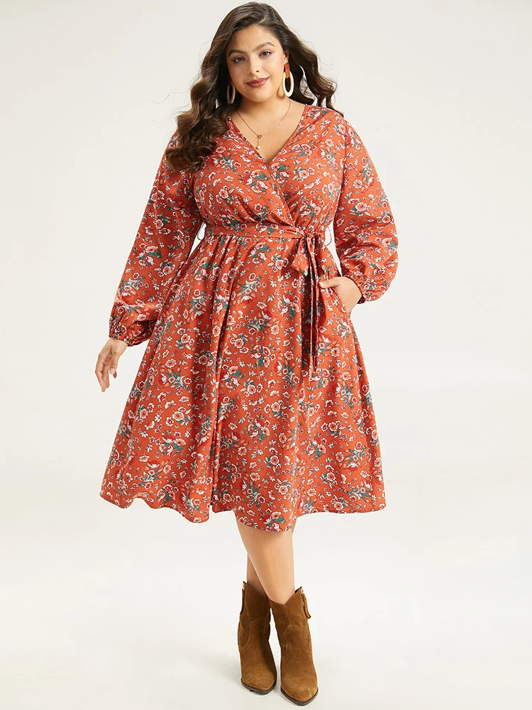 Floral Print Belted Elastic Cuffs Dress-YT