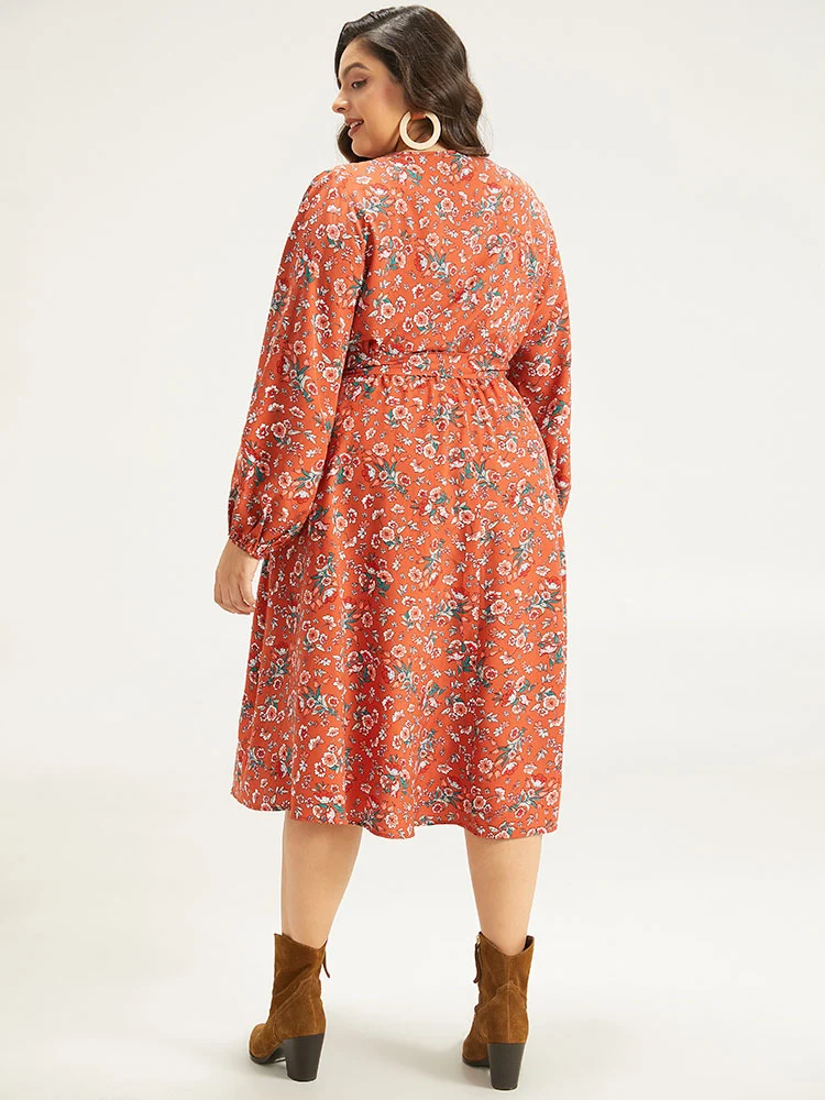 Floral Print Belted Elastic Cuffs Dress-YT
