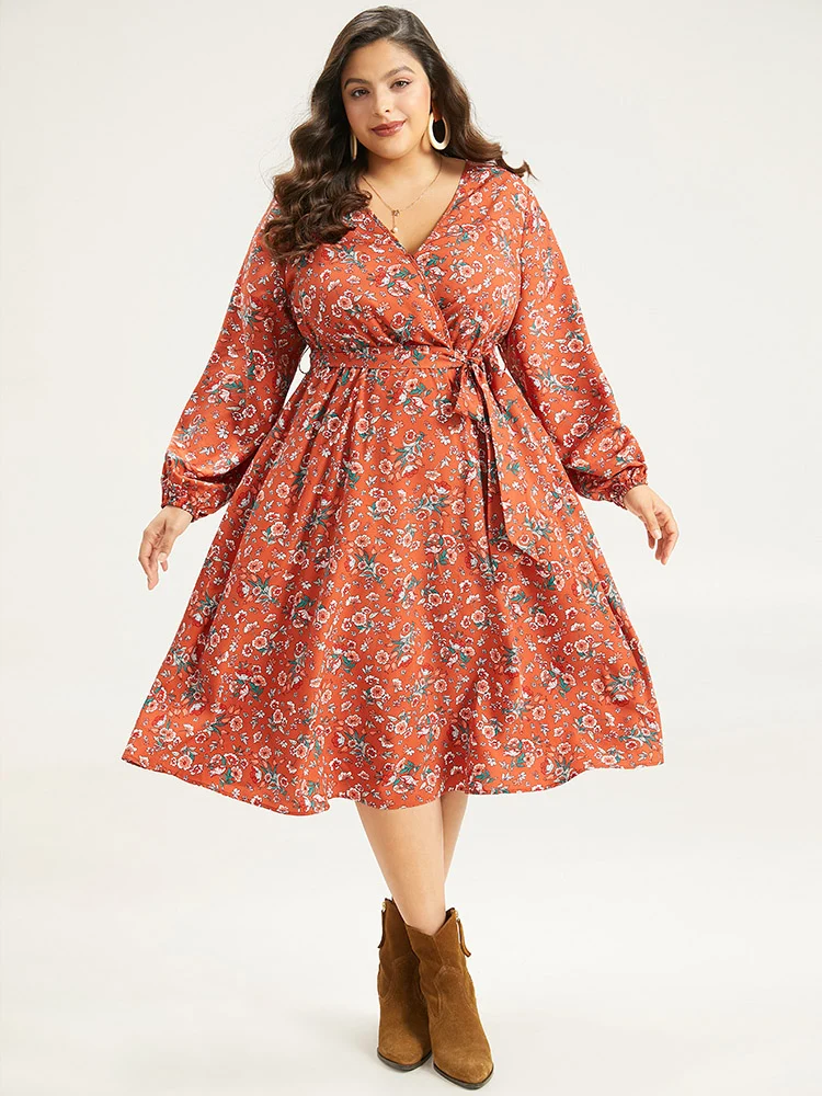 Floral Print Belted Elastic Cuffs Dress-YT