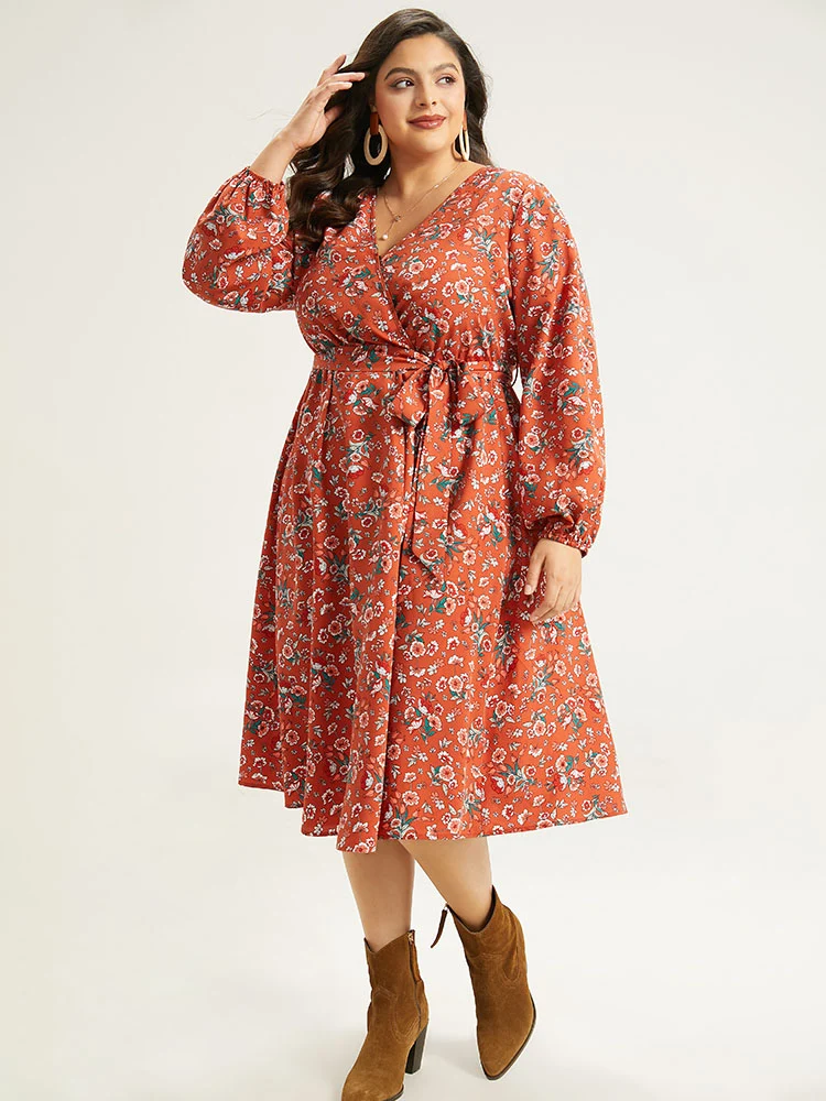 Floral Print Belted Elastic Cuffs Dress-YT