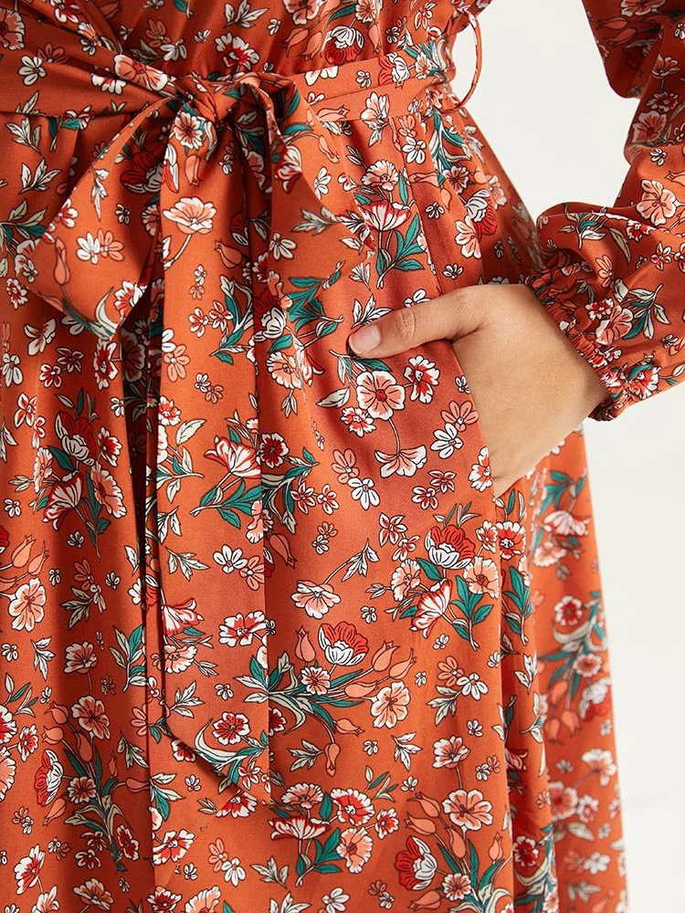 Floral Print Belted Elastic Cuffs Dress-YT