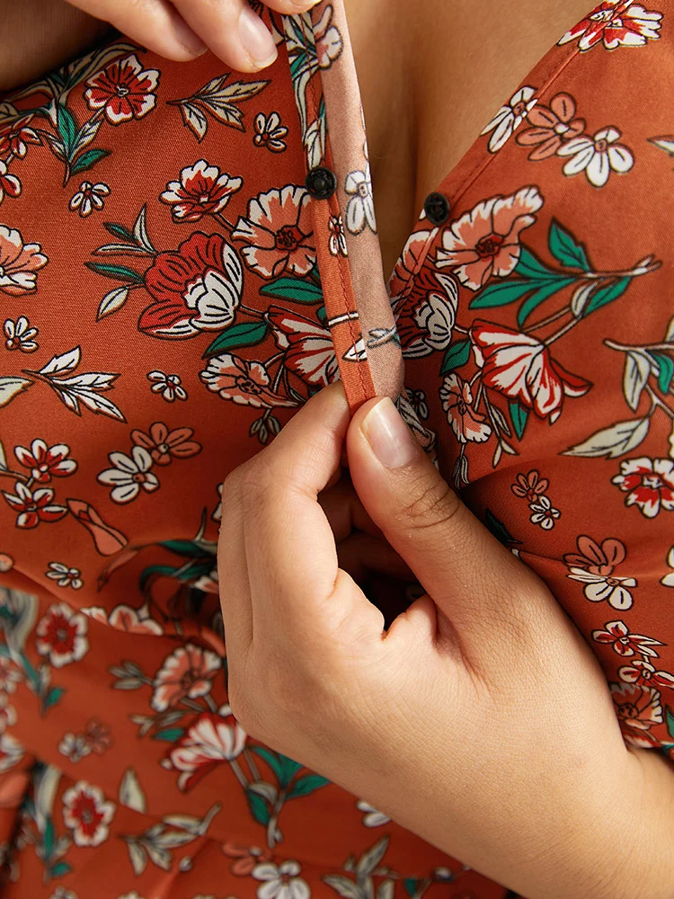 Floral Print Belted Elastic Cuffs Dress-YT