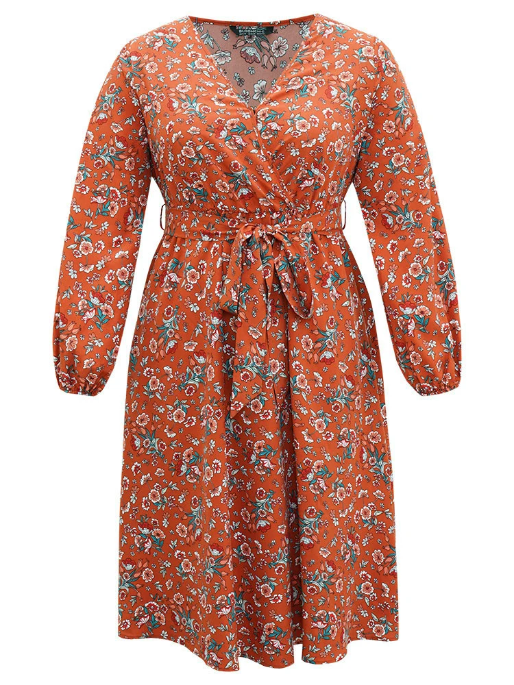 Floral Print Belted Elastic Cuffs Dress-YT
