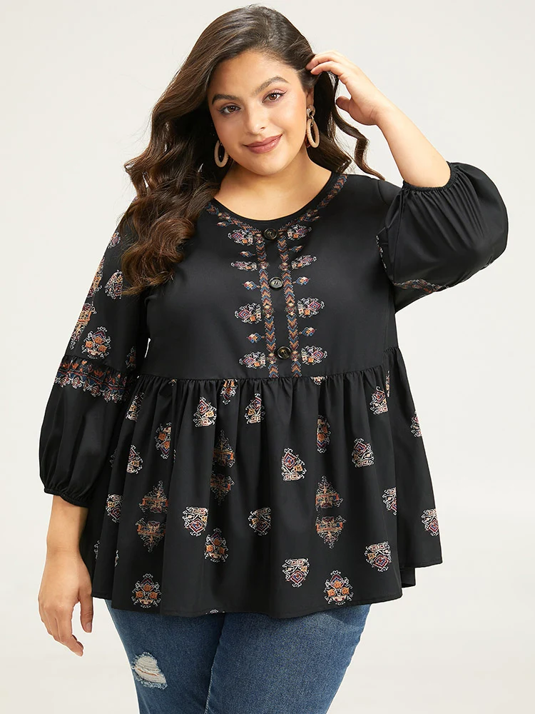 Bohemian Print Lantern Sleeve Button Detail Blouse