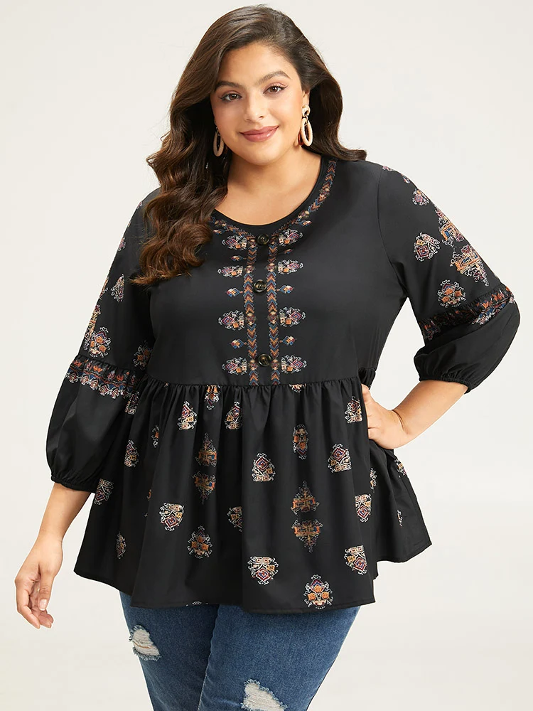 Bohemian Print Lantern Sleeve Button Detail Blouse