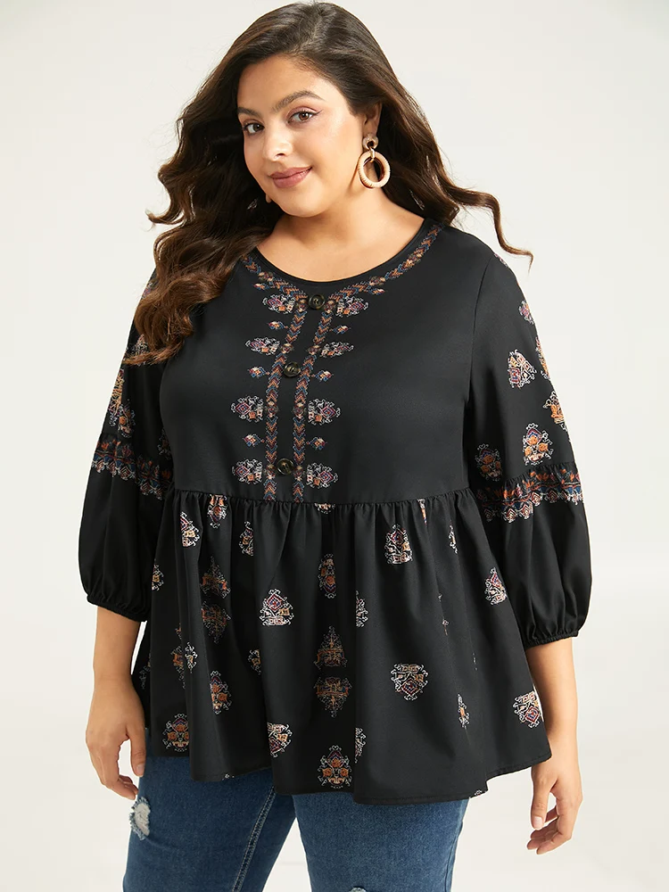 Bohemian Print Lantern Sleeve Button Detail Blouse