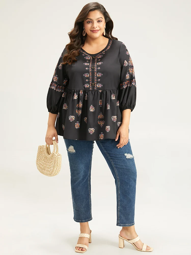 Bohemian Print Lantern Sleeve Button Detail Blouse