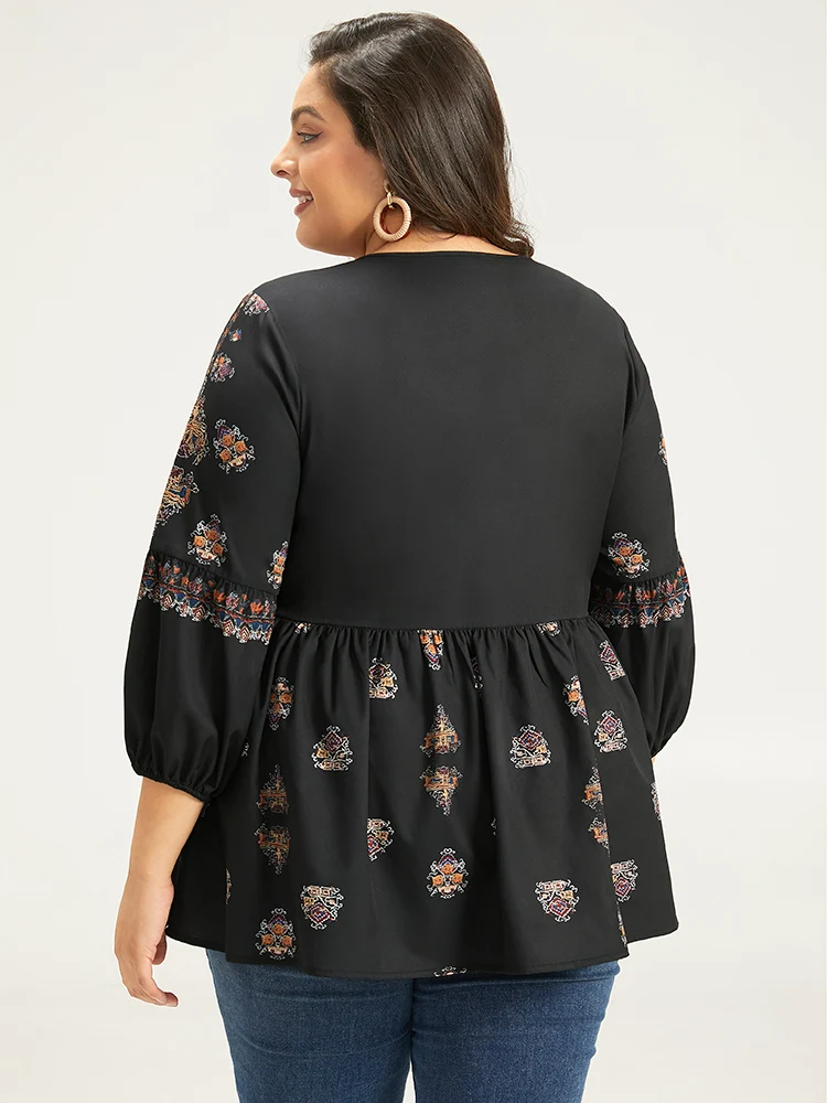 Bohemian Print Lantern Sleeve Button Detail Blouse