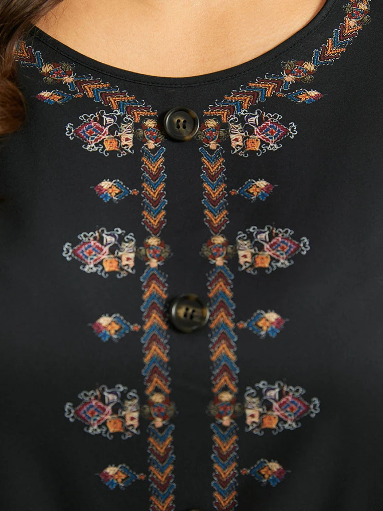 Bohemian Print Lantern Sleeve Button Detail Blouse